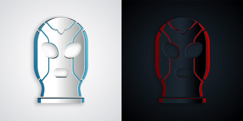 Paper cut Mexican wrestler icon isolated on grey and black background. Paper art style. Vector