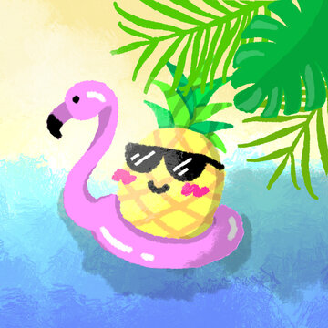 A cool pineapple on a flamingo swimming float for the tropical background that is cartoon style