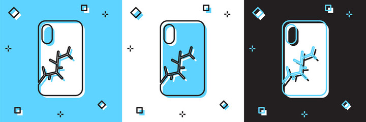 Set Smartphone with broken screen icon isolated on blue and white, black background. Shattered phone screen icon. Vector