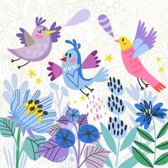 Awesome Blossom Spring Field with Happy Birds. Bright floral card. Spring and summer concept background. Bright illustration, can be used as invitation card. Vector floral  wallpaper.