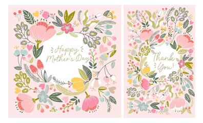 Beautiful combo  of greeting cards "Happy mother's day" and "Than you". Bright illustrations, can be used as creating card, invitation card for wedding, birthday and other holidays.