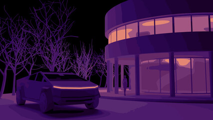 Building at neon night, modern house, 3d illustration