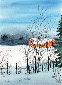 Watercolor picture of a winter landscape with some snow covered houses, distant forest, old fence and some trees