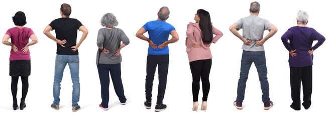 large group of men and women with pain on back white background