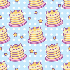 Kawaii Food seamless Vector pattern. Cute Cat Pancake Stack on plate with piece of butter, berries and star. Smiling Pancakes character. Sweet blue polka dot background. Wrapping paper, print, textile