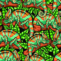 Obraz na płótnie Canvas Hand drawn pattern with chameleon. Seamless jungle pattern. Pattern for creative t shirt, textile, favric, wrapping paper and more