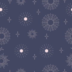 Sun and moon seamless pattern on dark blue background