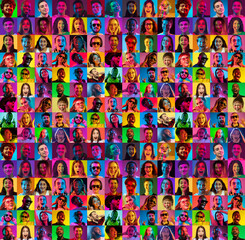 Fototapeta na wymiar Collage of faces of surprised people on multicolored backgrounds. Happy men and women smiling. Human emotions, facial expression concept. Different human facial expressions, emotions, feelings. Neon