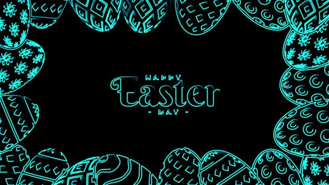 Happy Easter seamless animation with neon lines. Video 4K animation of glowing neon abstraction Easter holiday on black background.