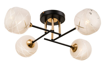 Gold-black four-lamp ceiling lamp with frosted glass shades with geometric patterns in the form of diagonal criss-crossing stripes. Isolated on white background