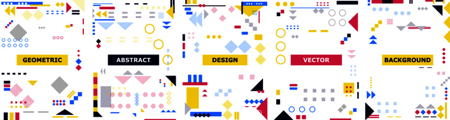 Geometric trendy pop art colors vector design. Memphis style pattern of purple, blue and yellow bright trendy colors on white background. Multicolor bauhaus set, hipster web design for advertising