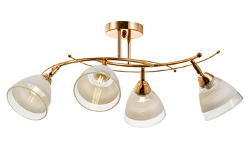 Gold-tone four-lamp ceiling lamp with transparent frosted glass shades. Isolated on white background