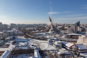 Panoramic view of the moment of the demolition of the architectural tower | YEKATERINBURG, RUSSIA - 24 MARCH 2018.