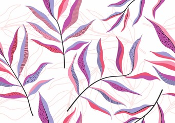 Tropical leaves hand drawn seamless pattern. Botanical trendy design in pink and green colors. Vector repeating design for fabric, wallpaper or wrap papers.