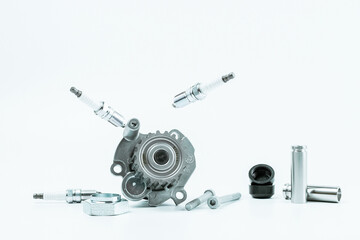 Car motor parts. Auto motor mechanic spare or automotive piece on white background. Set of new...