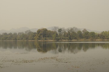 reflection in the water of murugama dam reservoir, purulia, west bengal, india