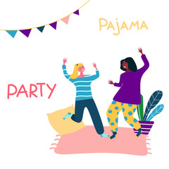 Pajama party. teenagers have fun together. Poster, flyer, banner for the event. Girlfriends in pajamas in the bedroom. vector illustration on white isolated background