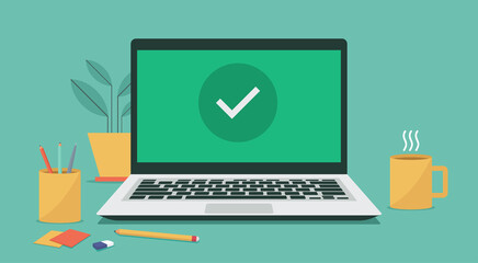 online approve or check mark on laptop computer screen, vector flat illustration