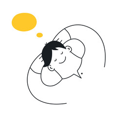 Dreaming, thinking man lying and imaging with a cartoon doodle bubble. Thin outline vector illustration of cute character on white background.