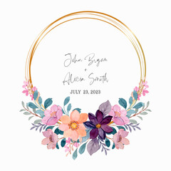 Colorful watercolor floral wreath with golden circle