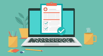 medical prescription on laptop computer screen, online healthcare electronic checklist and telehealth concept, vector flat illustration