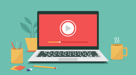 video player icon on laptop computer, concept of webinar, business online training, education or e-learning and video tutorial, vector flat illustration - obrazy, fototapety, plakaty