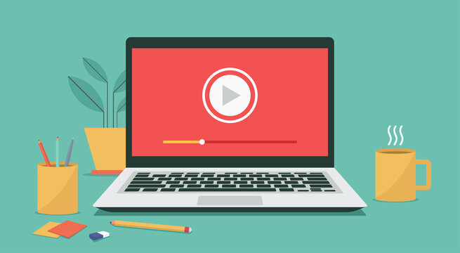 video player icon on laptop computer, concept of webinar, business online training, education or e-learning and video tutorial, vector flat illustration