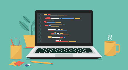 computer software with programming coding text on window laptop screen, vector flat illustration	
 - obrazy, fototapety, plakaty