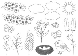 Set spring black and white coloring vector illustration. Flowers birds nest insects clouds sun	
