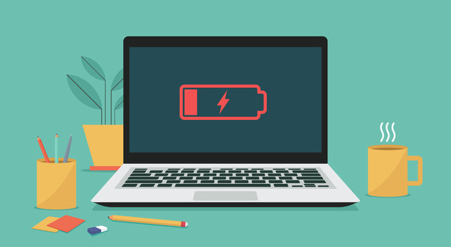 Laptop computer with low battery icon on screen, vector flat illustration