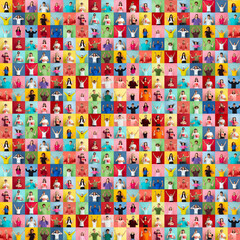 Collage of faces of happy people on multicolored backgrounds. Happy men and women smiling. Human...