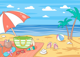 Fototapeta na wymiar Beach Holiday Background. Summer Time illustration. Summer Vacation Lounger On Seaside. Beach Umbrella, Palms, Sea and Flip-flops. Beach Season With Sea Views. Sunny Seascape on the beach. 