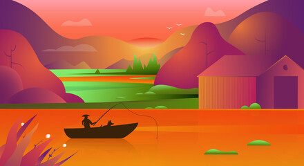 Asian background of landscape with river, rice fields and mountains. Asian conical rice hat fisherman at sunset or sunrise. Gradient vector illustration of fisherman on the lake in asia.