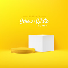 Abstract vector rendering 3d shape for cosmetic products display presentation. Modern white and yellow geometric pedestal podium with bright yellow empty room background. Minimal scene studio room.