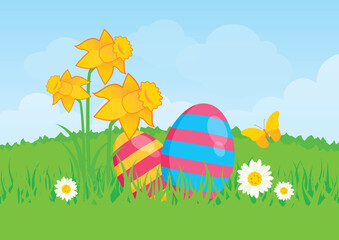 Painted easter eggs on a spring meadow vector. Yellow daffodils and painted easter eggs vector. Beautiful fresh spring landscape vector. Spring easter meadow illustration