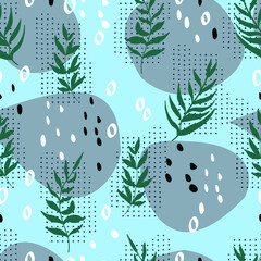 botanical abstract seamless pattern of twigs with dots and spots.
