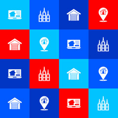 Set Online real estate house, Skyscraper, Garage and Location with icon. Vector