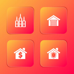 Fototapeta premium Set Skyscraper, Garage, House with dollar symbol and shield icon. Vector