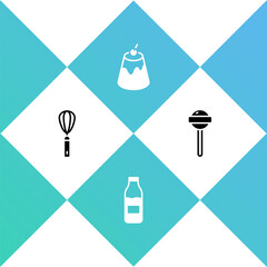 Obraz na płótnie Canvas Set Kitchen whisk, Bottle with milk, Pudding custard and Lollipop icon. Vector