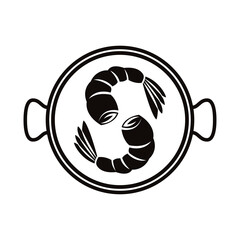 Shrimp cartoon vector. Shrimp on a Pan vector. Shrimp logo design. Sea food logo.