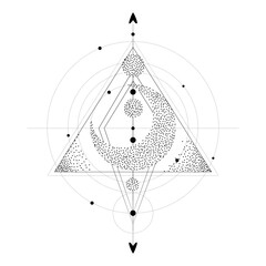 Vector illustration set of moon phases. Different stages of moonlight activity in vintage engraving style. branches of plants and flowers. sacred isoteric geometry © chikovnaya