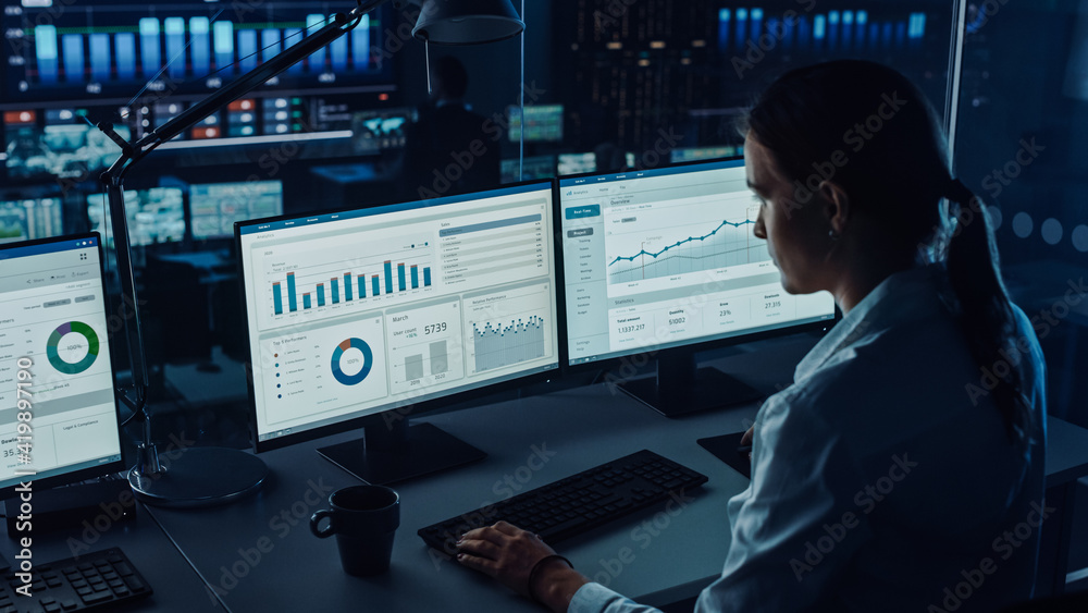 Fototapete Professional Financial Data Analysts Working in a Modern Monitoring Office with Live Analytics Feed on a Big Digital Screen. Monitoring Room with Finance Specialists Sit in Front of Computers. 