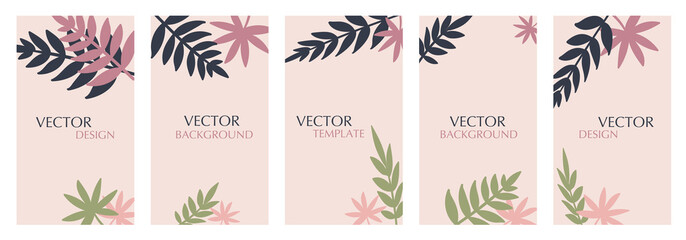 Vector set of abstract backgrounds with plant leaves - bright pink banners, posters, cover design templates, wallpaper, advertisements, social media stories