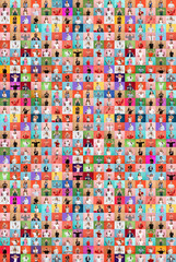 Collage of faces of surprised people on multicolored backgrounds. Happy men and women smiling. Human emotions, facial expression concept. Different human facial expressions, emotions, feelings.