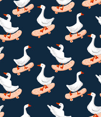 Seamless pattern with geese on a skateboard. Cheerful childrens pattern. 
