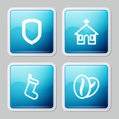 Set line Shield, Church building, Christmas sock and Coffee beans icon. Vector