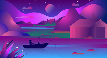 Asian background of landscape with night lake, rice fields and moon. Asian conical rice hat fisherman and dog in the boat on the lake. Gradient illustration of lonely boat with a fisherman and dog.
