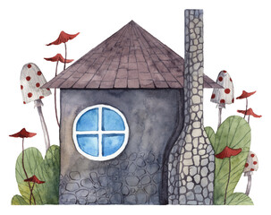 Watercolor hand painted cartoon house with stone chimney and big mushrooms