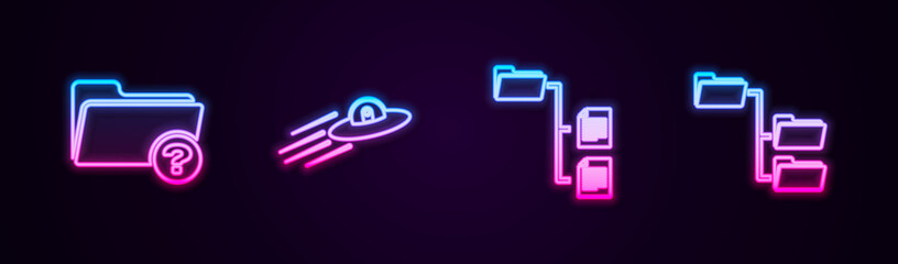 Set line Unknown directory, UFO flying spaceship and alien, Folder tree and . Glowing neon icon. Vector