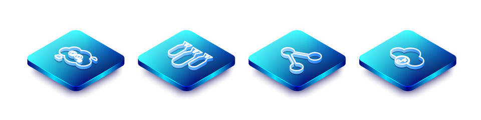 Set Isometric line CO2 emissions in cloud, Aviation bombs, Share and Music streaming service icon. Vector